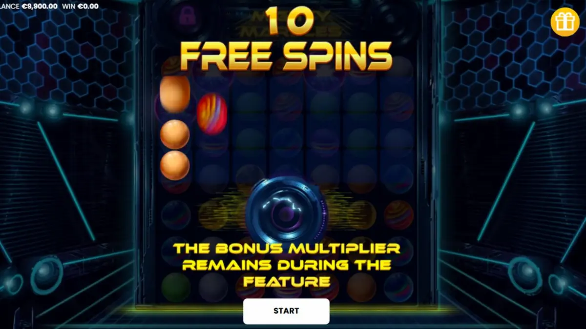 Tampilan visual neon kosmik dari slot Mighty Marbles