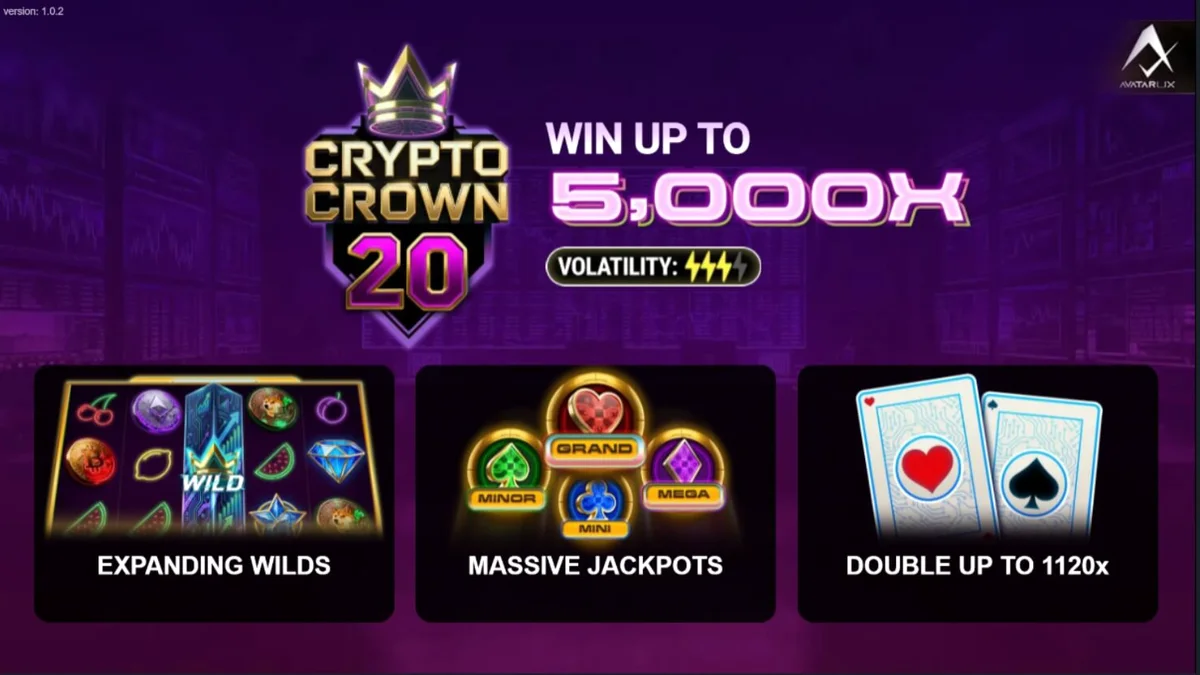 Tampilan visual slot Crypto Crown 20 dengan nuansa neon dan simbol kripto