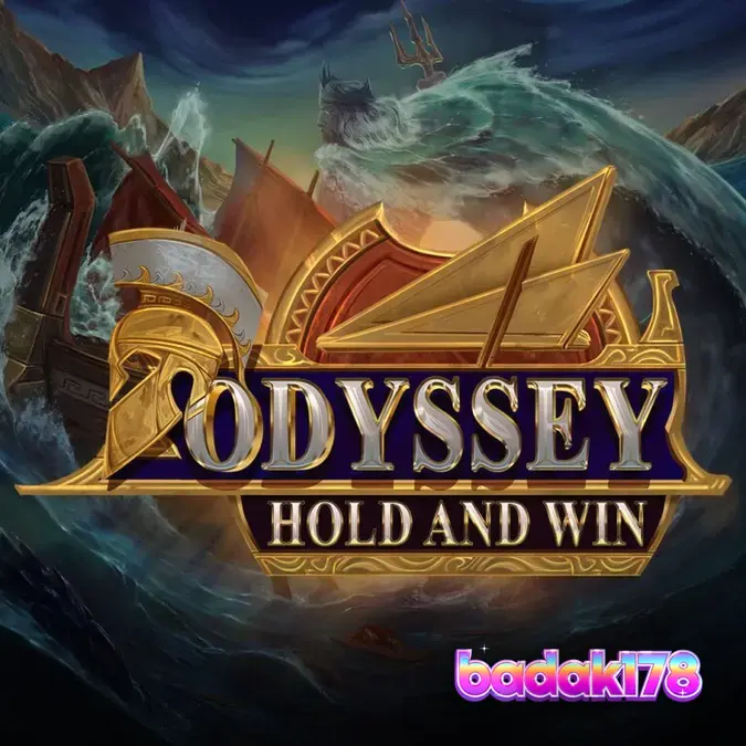 Tampilan antarmuka permainan slot Odyssey Hold and Win dengan tema mitologi Yunani.